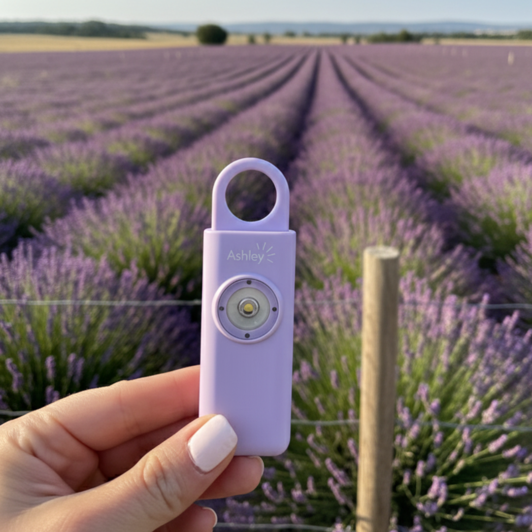Lavender Ashley personal alarm held in a lavender field